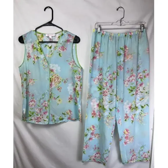 Oscar De La Renta Pink Label Women's Size Med Blue Floral Print Lounge Set - Picture 1 of 14
